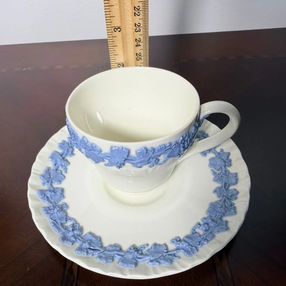 Vintage Wedgwood Queensware Blue Grapevine Tea Cup Saucer Grandmillennial Decor